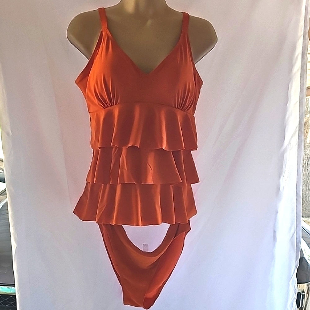 Elegant Ruffled Two Piece Swimsuit in Orange.           1